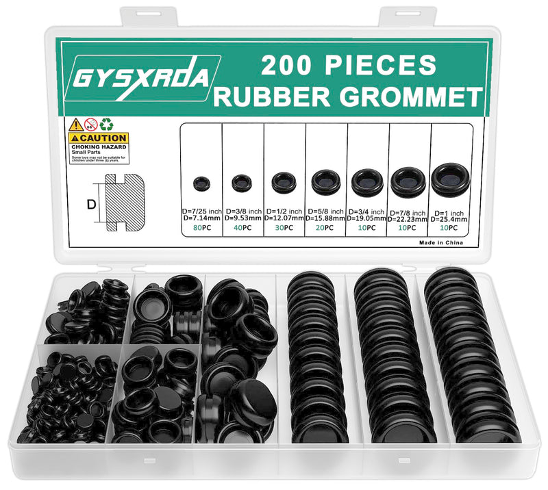 Rubber Grommet Kit 200 Pack - 7 Sizes Firewall Rubber Hole Plugs Rubber Grommets for Wiring, Automotive, Home Improvement Cord Pipe Wire Organization (7/25, 3/8, 1/2, 5/8, 3/4, 7/8, 1 inch) B