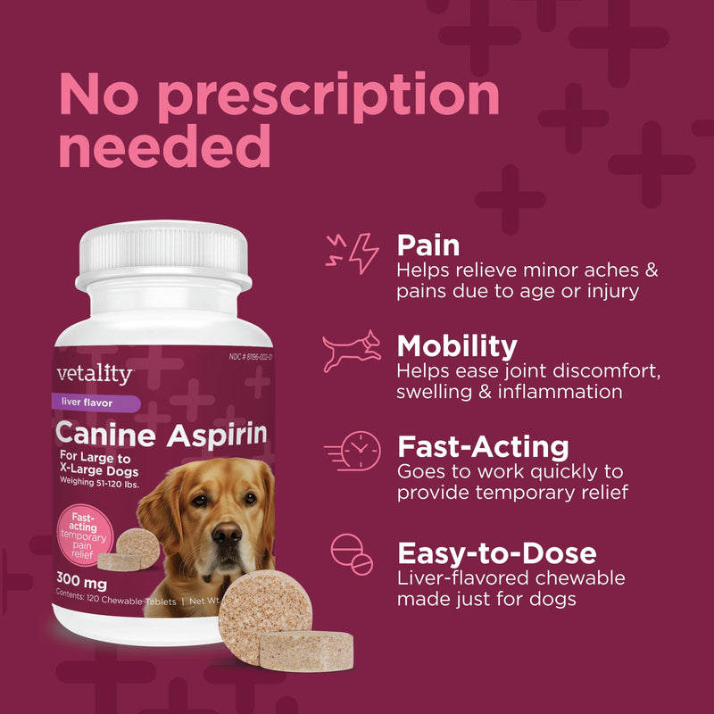 Vetality Canine Aspirin for Dogs | Fast Pain Relief | Large to X-Large Dogs | Liver Flavor | 120 Chewable Tablets No Color