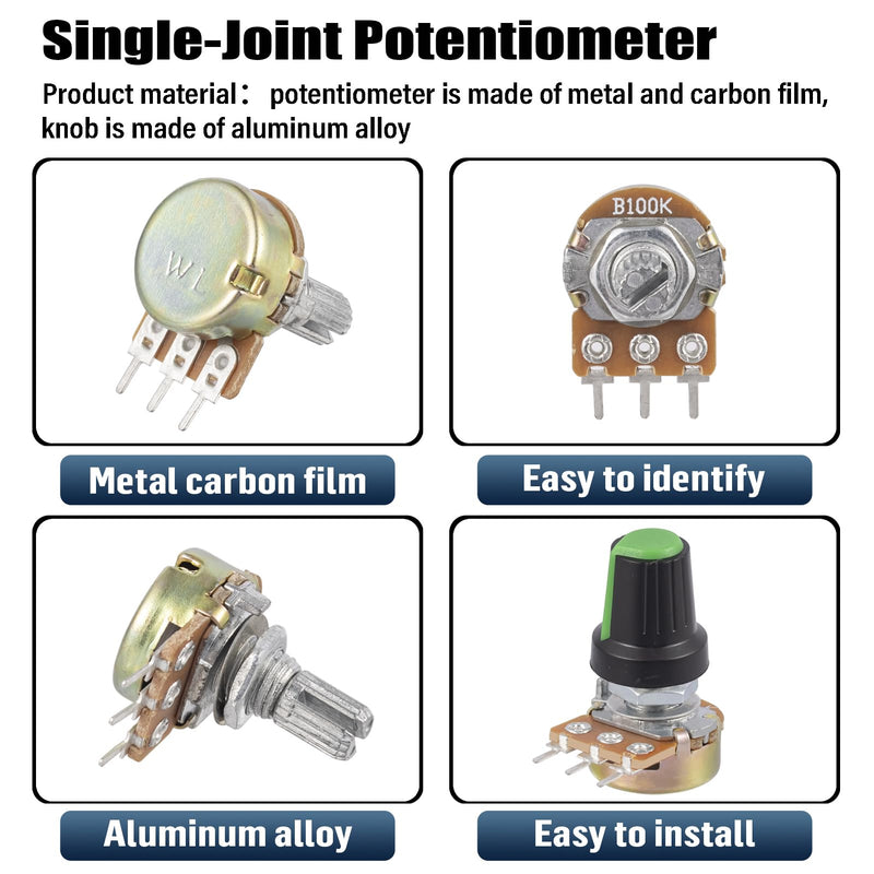 80Pcs WH148 Potentiometer Kit 1K 2K 5K 10K 20K 50K 100K 250K 500K 1MK Ohm 15mm Shaft Single-Joint Linear Potentiometers 3Pins Set Variable Resistors with Plum Knob Cap and Aluminum Alloy Knobs