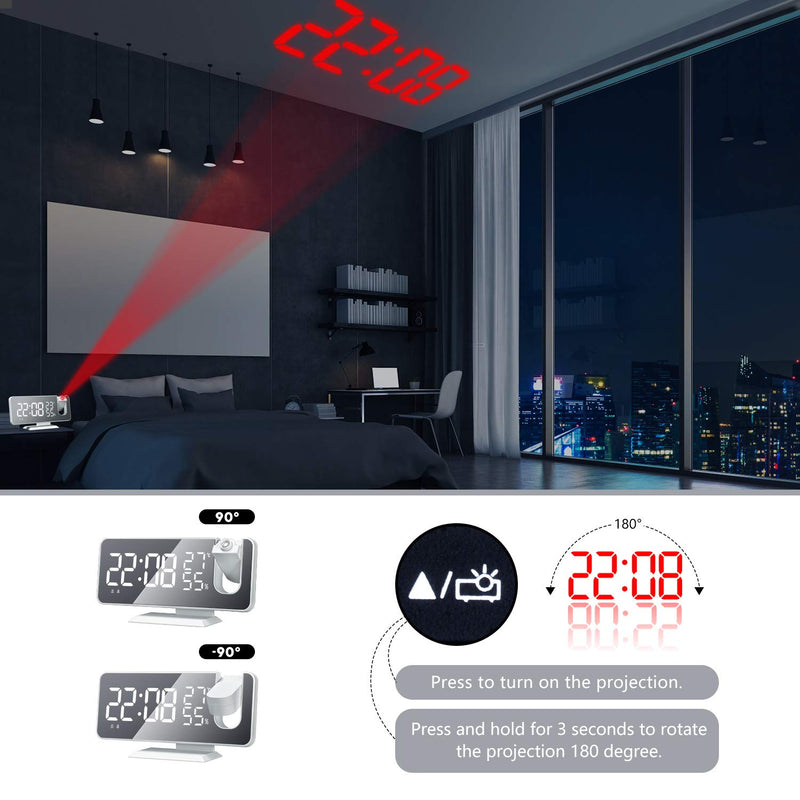 Projection Alarm Clock for Bedroom Ceiling Digital Clock Radio with USB Charger Ports, 7.3" Large LED Screen, 4 Dimmer, Dual Alarm Clock with 2 Sounds, Snooze, White