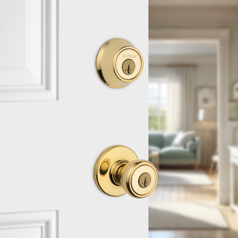 Kwikset 690 Tylo Entry Knob and Single Cylinder Deadbolt Combo Pack featuring SmartKey® in Polished Brass, Key Lock Old Latch