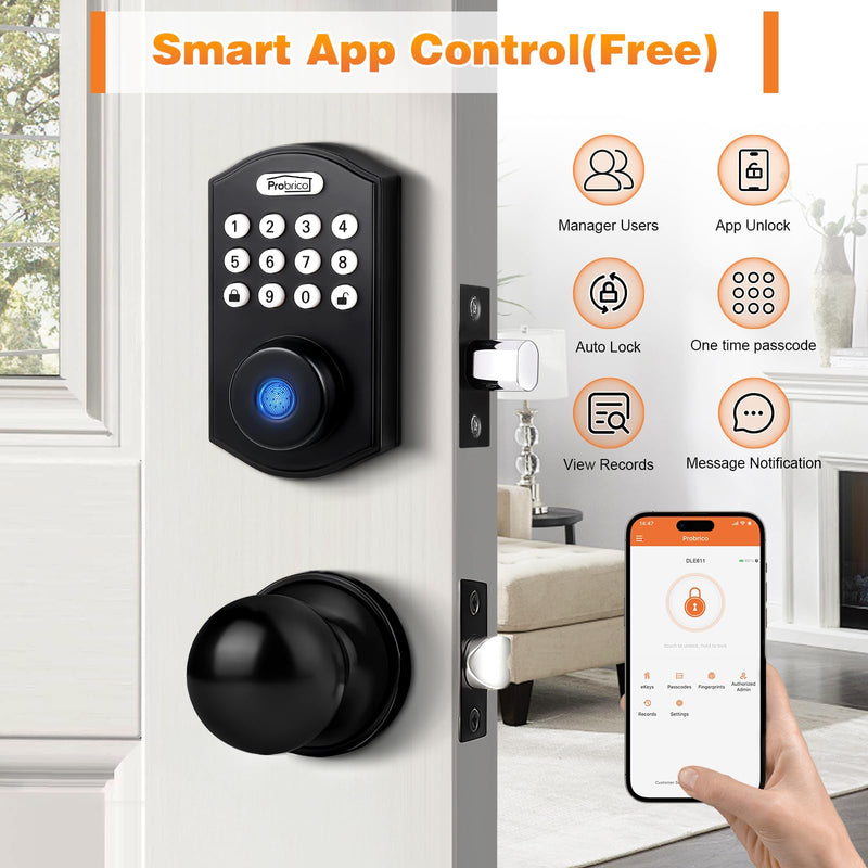 Probrico Smart Fingerprint Door Lock for Front Door,Electronic Keyless Entry Door Lock Deadbolt with Handle Set,Door Knob with Smart Keypad Deadbolt Lock,Auto Lock,App,Black Black