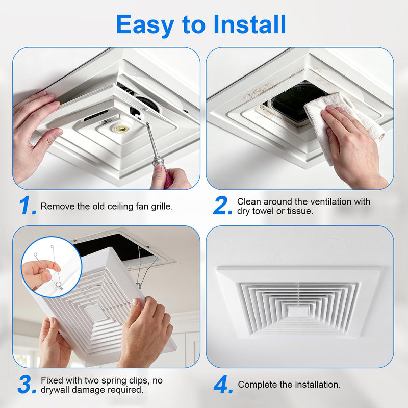 White Square Bathroom Exhaust Fan Cover with Spring, 10. 5" x10. 5" Ceiling/wall Mounted Grille, Replacement Parts for Old Damaged Fan Covers, Air Diffuser Ventilation Hood 10.5x10.5 inch