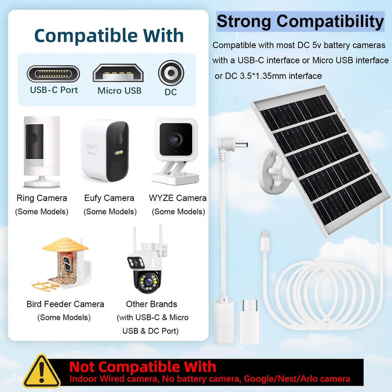 8W Solar Panel Charger for Outdoor Security Cameras, with Micro USB/USB-C and DC (35 x 135) Port, Fits Ring/Eufy/Wyze/Bird Feeder Camera, 13ft Cable, Fast Charging (1 Pack) 1 Pack