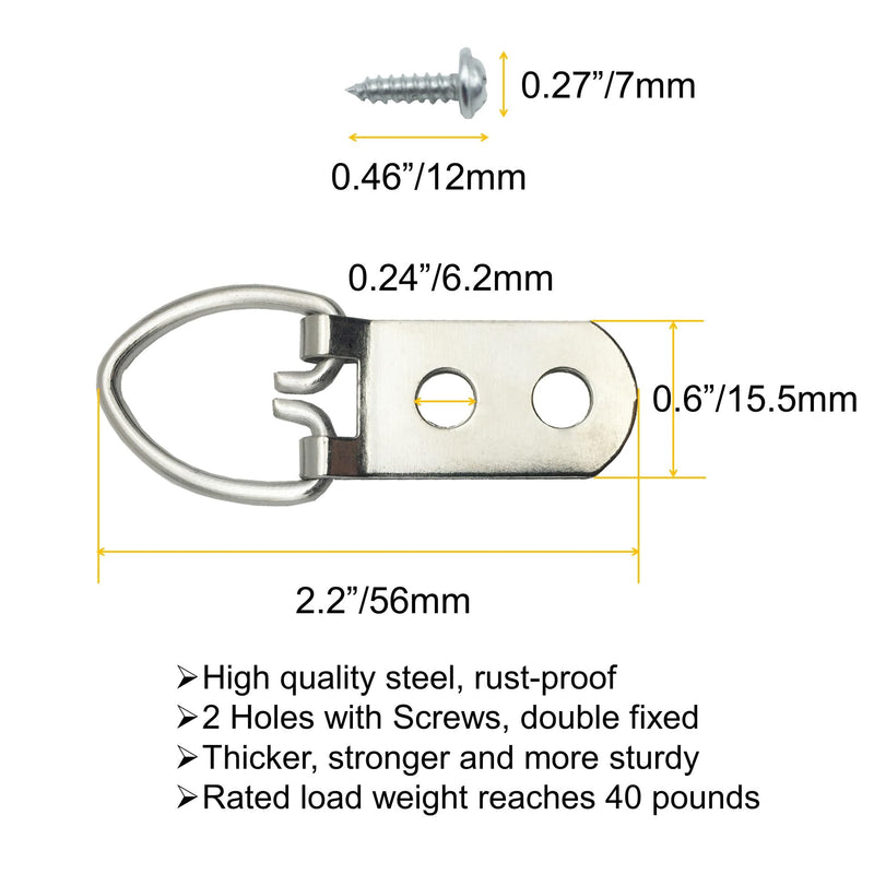 20 Pack D-Ring Steel Picture Hangers Heavy Duty with Screws Picture Frames Double Holes Clasp Picture Hang Solutions, for Hanging Clock Paintings Artwork Picture Frame Hook Photos Mirrors Double hole