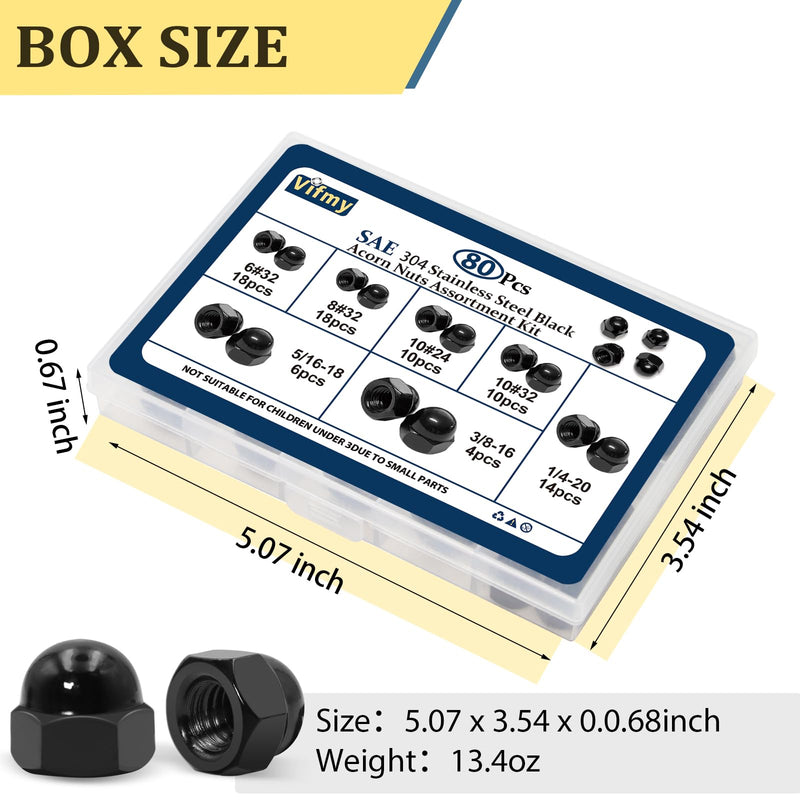 SAE Black Stainless Steel Acorn Nuts Assortment Kit (80Pcs), 6#32 8#32 10#24 10#32 1/4"-20 5/16"-18 3/8"-16 UNC Black SS Cap Nuts Sets, Black Nut Caps, Dome Head Black Acorn Cap Nut 80PCS,304 Black Stainless Steel 304 Stainless