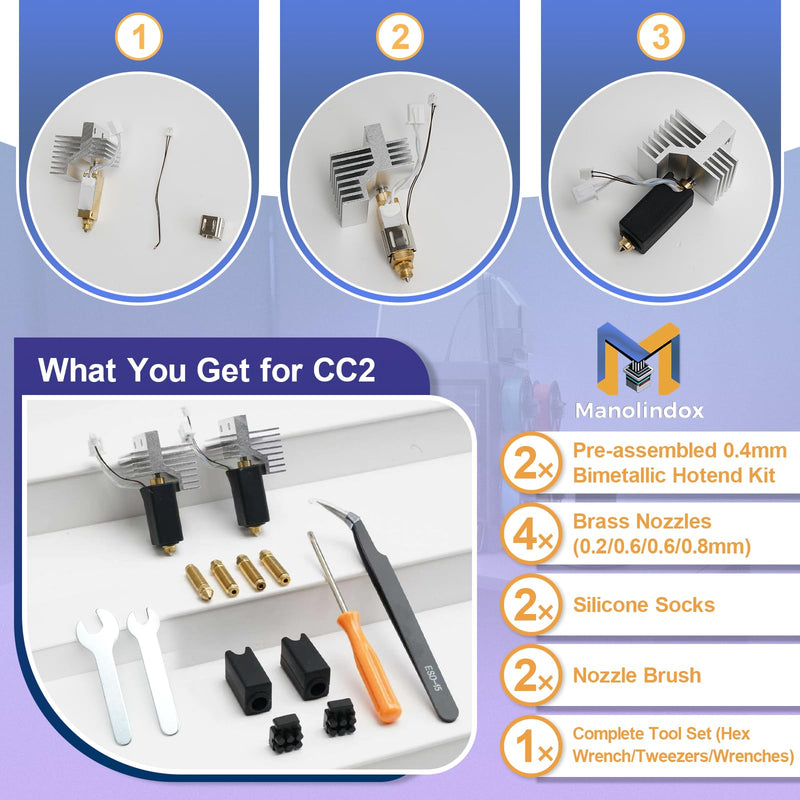 2Pack 0.4MM CC2 Hardened Steel Ceramic Hotend for Centauri Carbon 2, Hot End Print Head Extruder Kit Heater Cartridge with 0.6/0.8/0.2MM Nozzle Silicone Socks and Kit Tools
