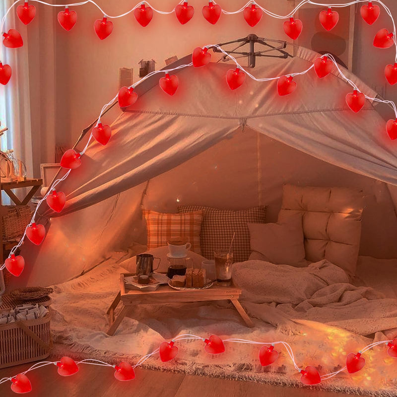 Red Heart String Lights, 8.5Ft Outdoor Valentine's Day Decorations Lights with 10 Red Glitter Heart Lights, Hanging Valentines Heart Fairy Lights for Window Wedding Birthday Anniversary Party Holiday Glitter Red Heart