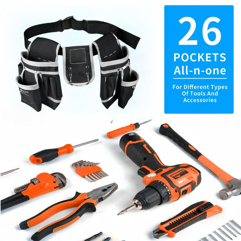 DOFF Men's Black Tool Belt - Heavy Duty Utility Belt with Removable 26 Pockets, Magnetic Tool Pouch, Tool Belt for Electricians and Carpenters, Multi-Purpose Tool Belts for Men and Women Medium
