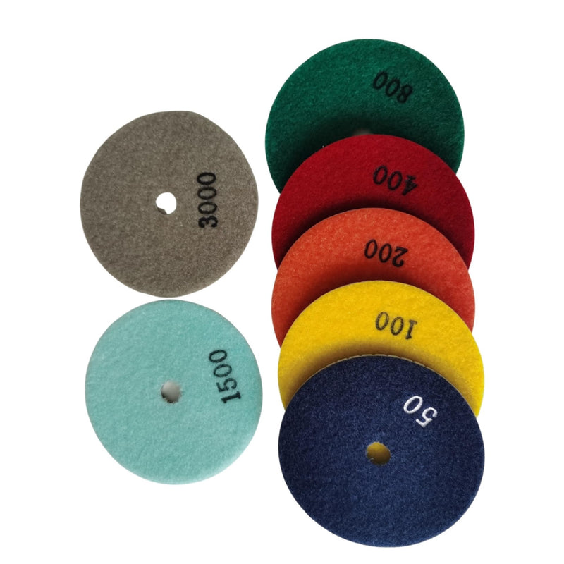 4 Inch Wet Dry Diamond Polishing Pads Set with 5/8-11 Rubber Backer Pads for Marble Quartz Stone Countertop Granite Concrete Polishing 7 pcs 50-3000 Grit Resin