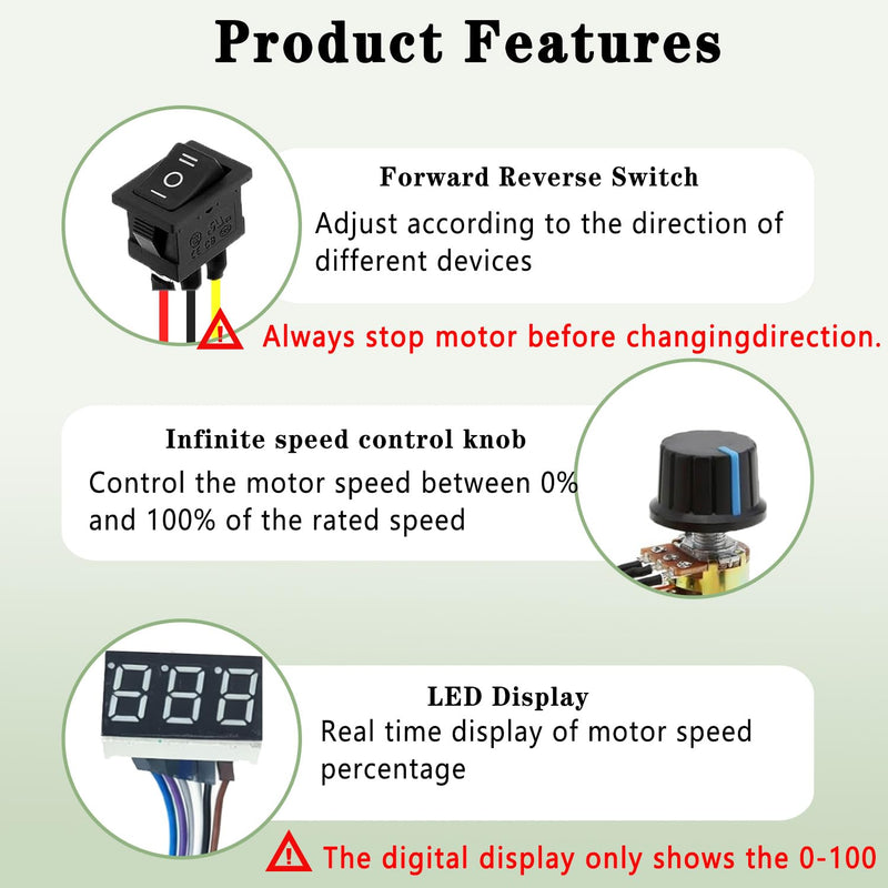 60A PWM DC Motor Speed Controller,12V/24V/36V/48V LED Display Stepless Speed Control with Forward-Brake-Reverse Switch & Adjustable Potentiometer for Brushed Motors (with Shell) 60A