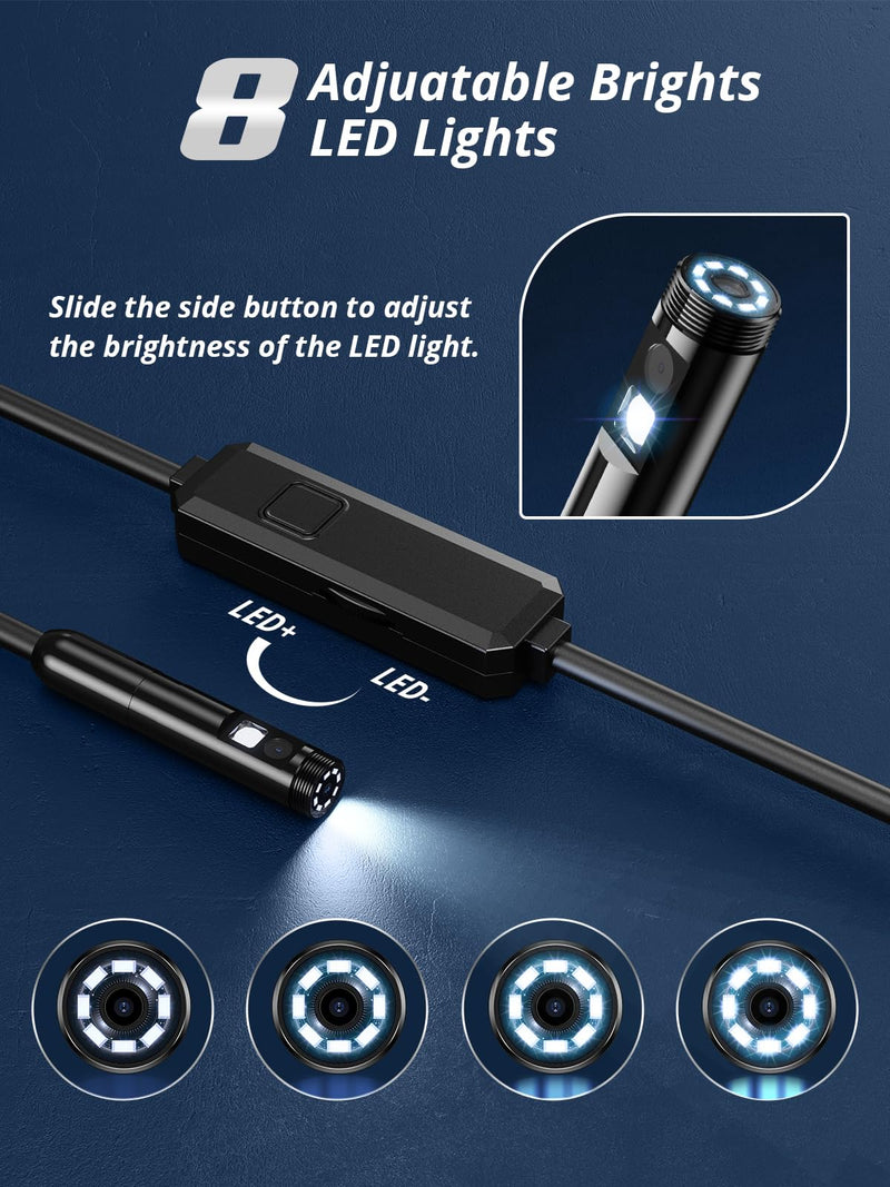 Endoscope Camera with Light, Dual-Lens 1920P HD Borescope with 8 Adjustable LED Lights, IP67 Waterproof Boroscope Inspection Camera Tools, 16.4ft Semi-Rigid Snake Camera for iOS & Android 16.4FT Snake Camera