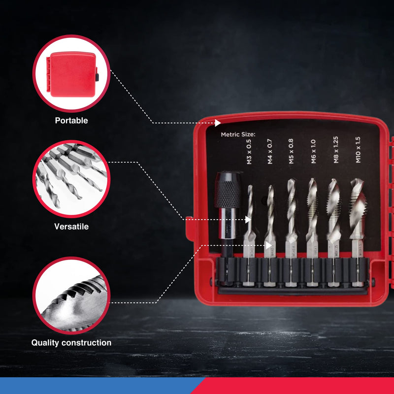 NEIKO 10059A Combination Drill and Tap Bit Set with Quick Change Adapter, 13 Piece, SAE (6-32NC to 1/4-20NC) and Metric Drill Bit Set (M3 to M10), Metric Tap Set Combo Drill Tap