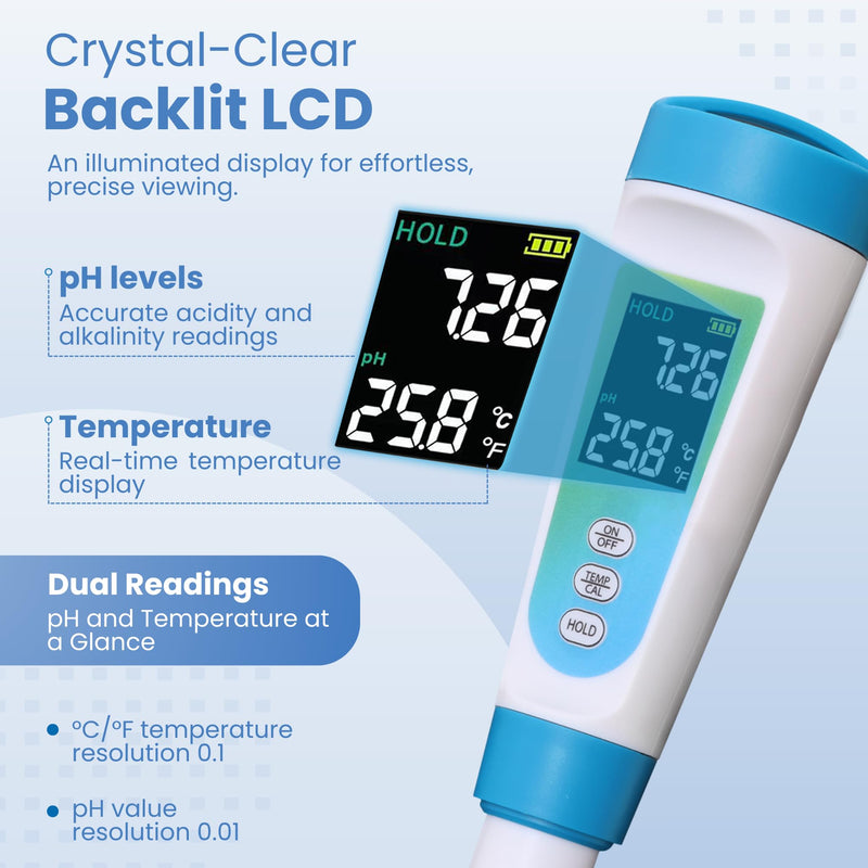 Digital pH Meter for Food - Professional pH Tester with Spear Probe for Sourdough, Fermentation, Hot Sauce, Canning, Cheese, Salami, Kimchi, Kombucha - Water-Resistant Kit with pH Calibration Powders Blue