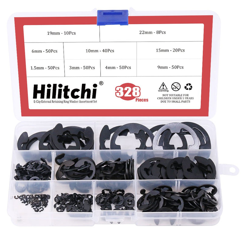 Hilitchi 328-Pcs [10-Size] Alloy Steel E-Clip Circlip External Retaining Ring Assortment Set
