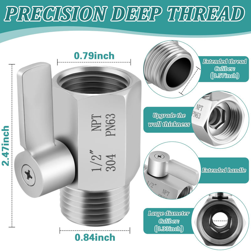 [2 Pack] Shower Head Shut Off Valve 304 Stainless Steel Mini Ball Valve(1/2" Female X Male) NPT Thread Water Flow Control，RV Shower Head with Hose Flow Restrictor 2 packs-1/2inch