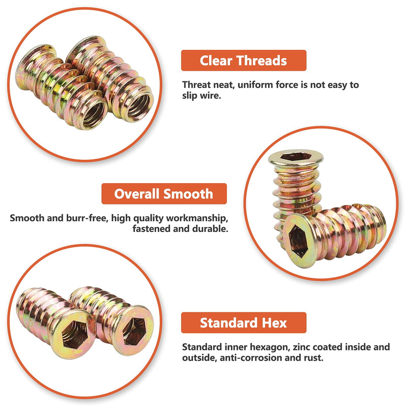 40 Pcs Threaded Inserts, M6 x 20 Threaded Inserts, Nut Threaded Wood Inserts with Hex Spanner, Carbon Steel Furniture Screw in Nut Threaded, Bolt Fastener Connector for Wood Furniture Gold M6*20mm