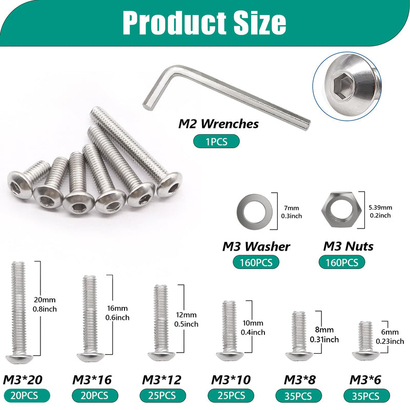 Taiss 640PCS M3 Screws Kit M3 x 6mm/8mm/10mm/12mm/16mm/20mm 304 Stainless Steel Metric Screws Assortment Button Head Socket Cap Head Screws Bolts with Nuts/Washer/Lock Washers/Wrenches Button Head Screws