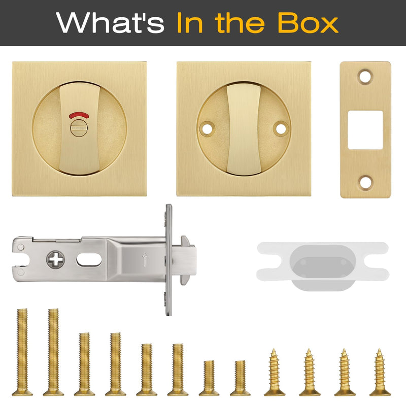 EHOMEWARE 1 Pack Gold Pocket Door Hardware, Privacy Pocket Door Lock with Red-Green Indicator, Keyless Square Pocket Door Handles, Recessed Sliding/Bifold Door Hardware, Contemporary Flat Door Knob Privacy Door Lock-1 Pack Satin Brass