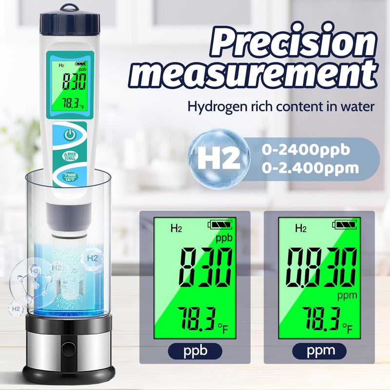 Hydrogen Water Tester pH Meter for Drinking Water Multi-Functional pH H2 ORP TDS EC Temp Tester Accuracy Dissolved Hydrogen Tester pH PPM EC Meter for Household Water Hydroponics Pool