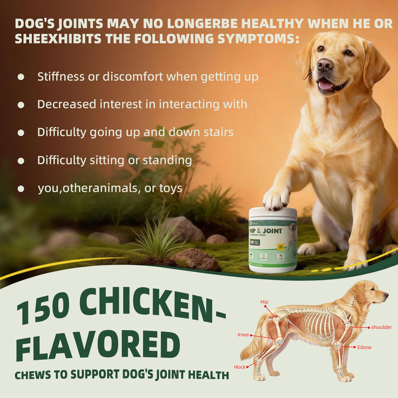 Glucosamine for Dogs 150pcs Joint Support Supplement Dog Hip and Joint Chondroitin Chews Treats with MSM, Omega3, Dog Joint Pain Relief Mobility Supplements Chicken Flavor Fit All Breed