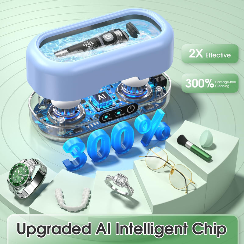 Professional Ultrasonic Jewelry Cleaner with Digital Timer,50KHz Ultrasonic Cleaner Machine with 304 Stainless Steel for Jewelry,Eyeglasses, Rings, Coin, Watch Strap, Dentures, Hygiene Items (Bule) Bule