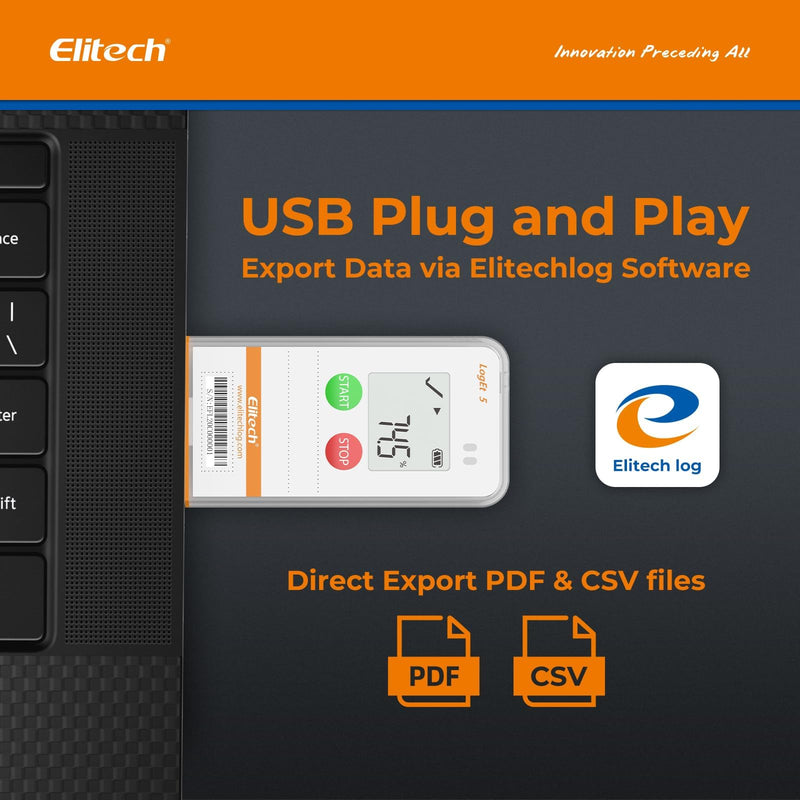 Elitech USB Digital Data Logger with Temperature Humidity External Probe Reusable Recorder with Shadow Data 32000 Points, Auto PDF/CSV Report, for Windows/MacOS, Refrigerator Thermometer LogEt5THE LogEt5THE External-T&H 1