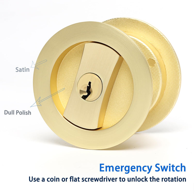 Dontay Pocket Door Keyed Lock, Round Contemporary Entrance Sliding Barn Door Lock Latch, Recessed 2 Sided, 2-3/8 inch Backset, Flush Handles Hardware(Satin Brass,1)