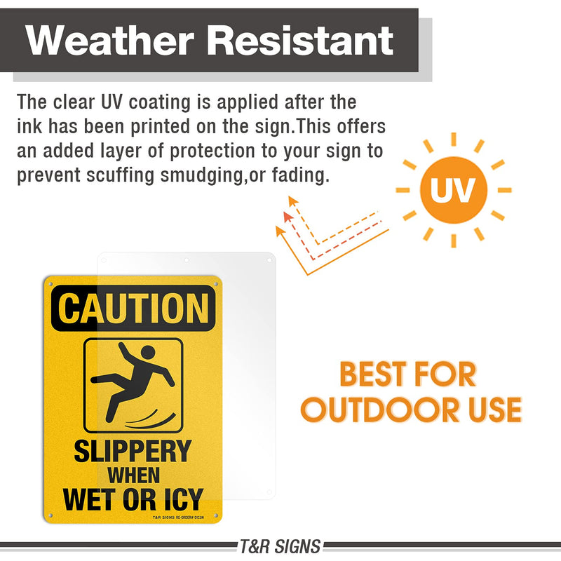 Slippery When Wet Or ICY Sign, Caution Sign, 4 Pack, 10" x 7" Rust Free .040 Aluminum, UV Protected, Waterproof, Weatherproof and Fade Resistant, 4 Pre-drilled Holes YELLOW - 4 Pack