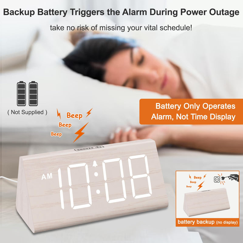 DreamSky Wooden Digital Alarm Clock for Bedroom - Living Room Desk Clock with Large Numbers, Bedside Nightstand Clock with USB Port, Adjustable Volume, Dimmer, DST, Office Wood Décor, Adapter Powered White (Plug-in)