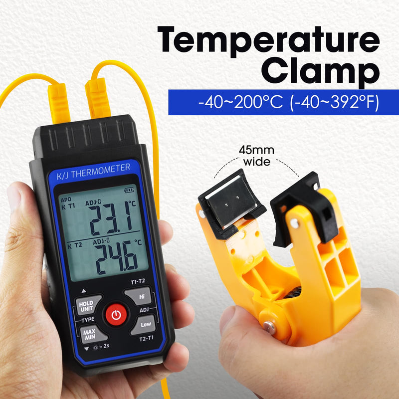 Dual-Channel Digital K J Type Thermocouple Thermometer Pipe Clamp Thermometer, -328°F~2501°F Measuring Range HVAC Temperature Meter with 2 Type K Pipe Clamps & 2 Thermocouples, Alarm, ADJ Compensation