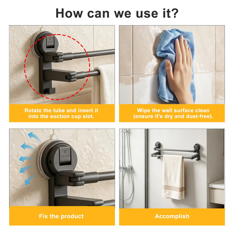Adjustable Suction Cup Towel Bar for Bathroom Wall, 20.47 to 35.43 Inch Towel Racks for Bathroom, No Drill, Removable Bath Towel Holder for Shower, Gray