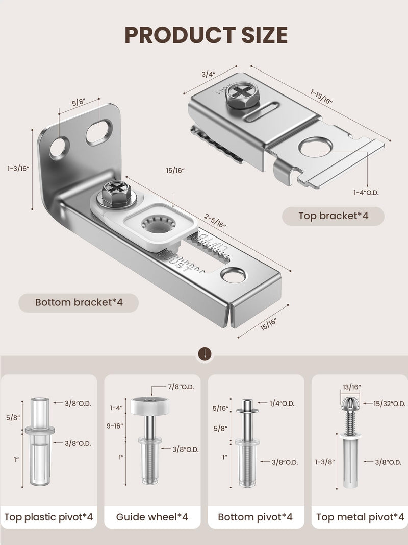 Bifold Door Hardware Repair Kit - 4 Pack Bi-fold Closet Barn Door Hardware Kit for 7/8" to 1" Track, Folding Pocket Door Replacement Parts Set Include Top Bottom Pivots Bracket and Guide Wheel (4Pack) 4Pack