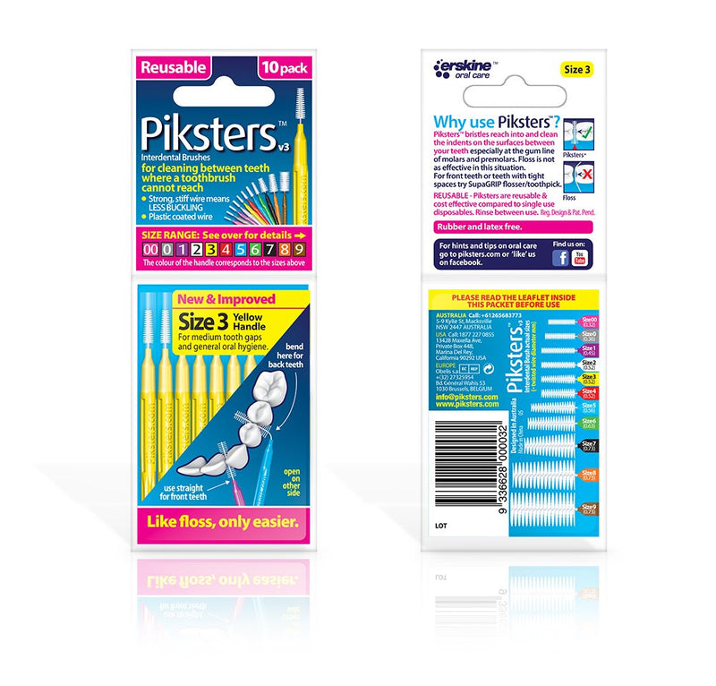 Piksters Interdental Brushes, Size 3, Yellow Handle Yellow (Size 3) 10 Count (Pack of 1)