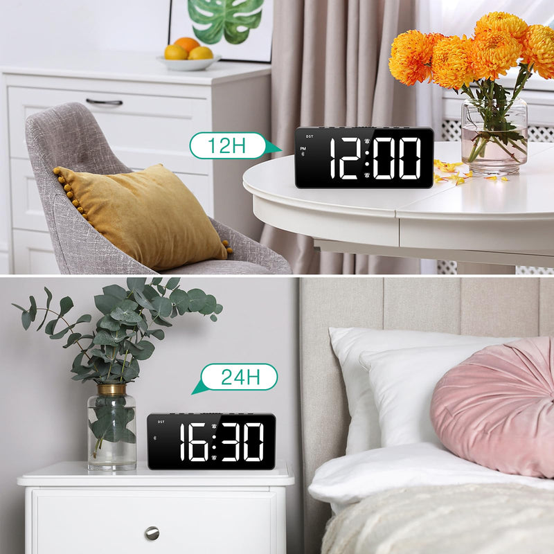 ORIA Digital Alarm Clock, LED Bedroom Clock with Bluetooth Sync Time, Auto Sync Time Alarm Clock, Adjustable Volume Brightness, Snooze, Rechargeable Large Display for Home Living Room