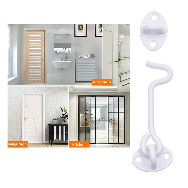 Eco-Fused 4-inch Heavy Duty Hook and Eye Latch - 1x Barn Door Lock (White), 4X Mounting Screws - Powder Coated Stainless Steel Hooks for Door, Windows, Sheds, Fences, Gates, Closets, Cabinets 1 set: 4 inch - White