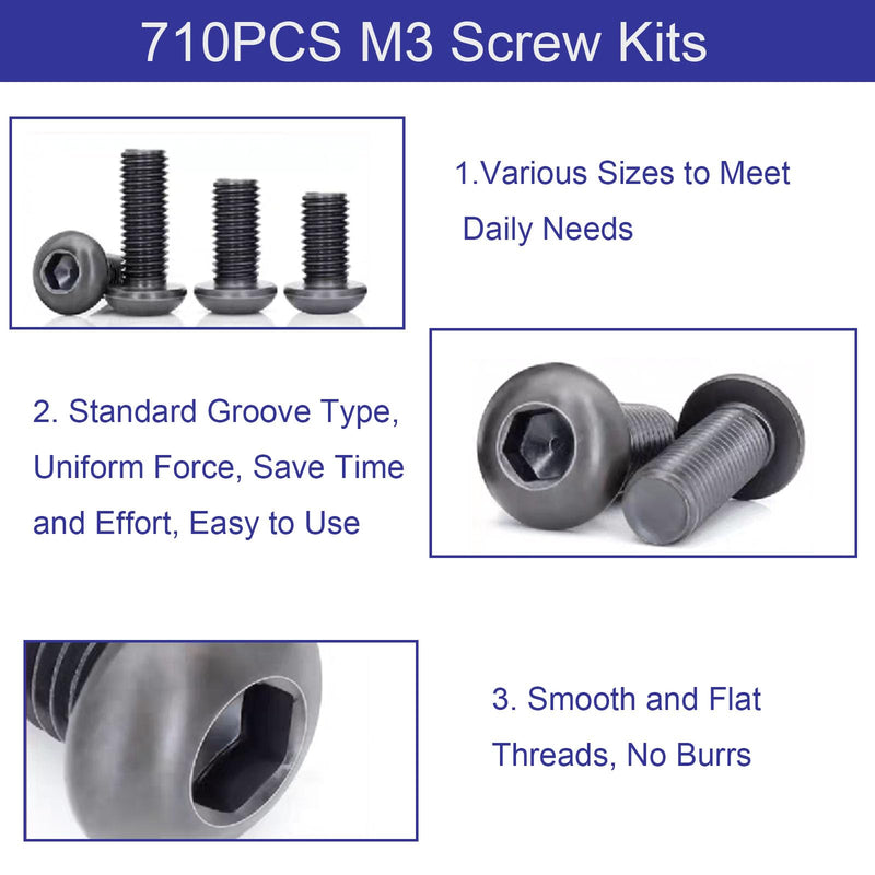 710PCS M3 Screw Assortment Kit, M3x6/8/10/12/16/20/25/30mm M3 Screw Kits, 10.9 Grade Alloy Steel Metric Hex Button Head Cap Screws, Nuts and Flat Washers, Black Zinc Plated Screw Set for 3D Printing