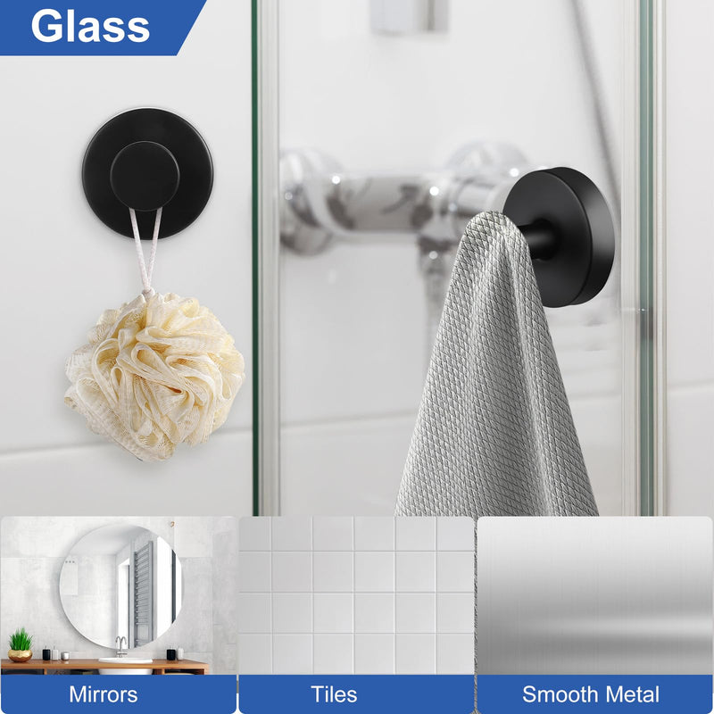Vacuum Suction Cup Hooks, 2 Pack Stainless Steel Suction Hooks for Shower Bathroom Towel Hooks Shower Hooks Holders Shower Hooks Hanging Towels, Loofah, Robe, Coat(Black) Black