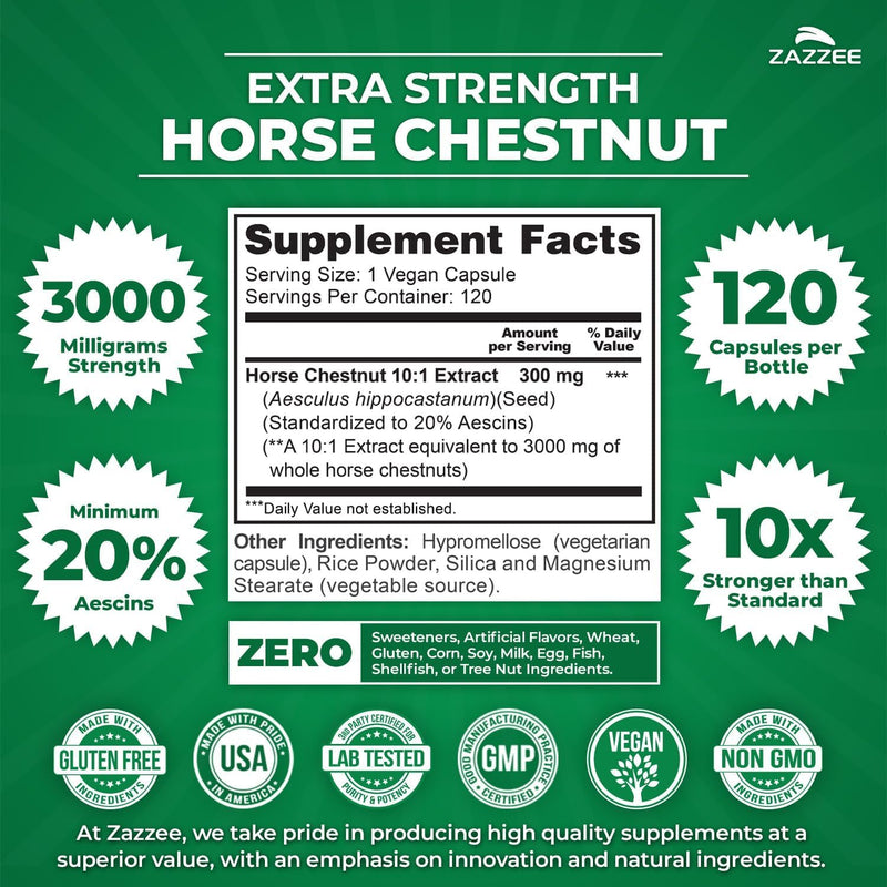 Zazzee Anti Aging Circulatory Support Bundle | Extra Strength Horse Chestnut Supplement with 20:1 Concentrated Hawthorn Extract Capsules | Non-GMO Vegan & ISO Lab Tested