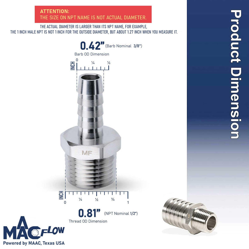 MAACFLOW Stainless Steel 1/2" Male NPT to 3/8" Hose ID Barb Barbed Hose Fitting Adaptor Connector (Pack of 2) 3/8" Barb x 1/2" Male NPT Pack of 2