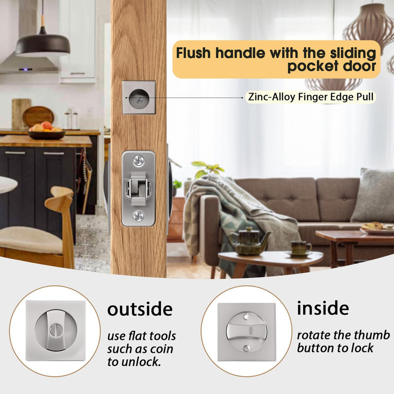 Brushed Nickel Privacy Pocket Door Hardware, 2 3/8" Backset, Zinc Alloy Heavy Duty Square Pocket Door Lock Silver, Solid Pocket Door Handle(1 Pack) 1 Pack 2 3/8" Brushed Nickel