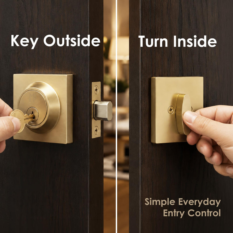 Mega Handles - Glamor I Entry Deadbolt Lock - Heavy Duty Round Locking for Left or Right-Handed Doors - Interior/Exterior - Satin Brass 1