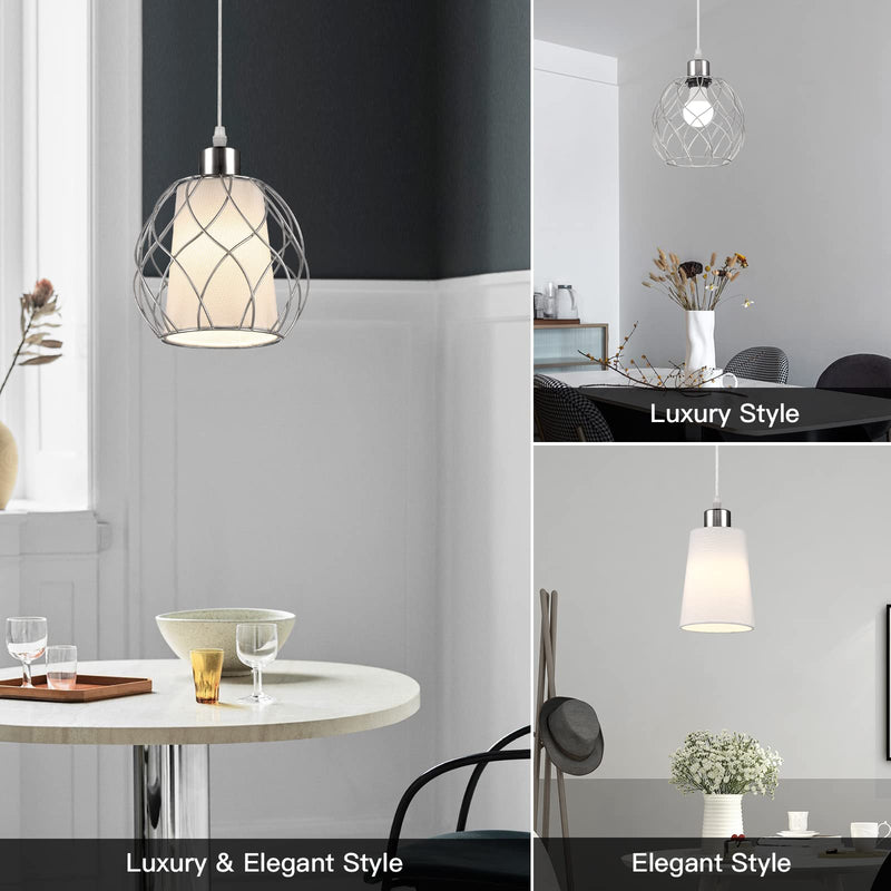 Plug in Pendant Light,Hanging Light with Plug in Cord,Silver Hanging Lamp with Dimmable Switch,15 ft Clear Cord,Hanging Light Fixture for Kitchen Island Living Room Bedroom (Bulb Included) Silver
