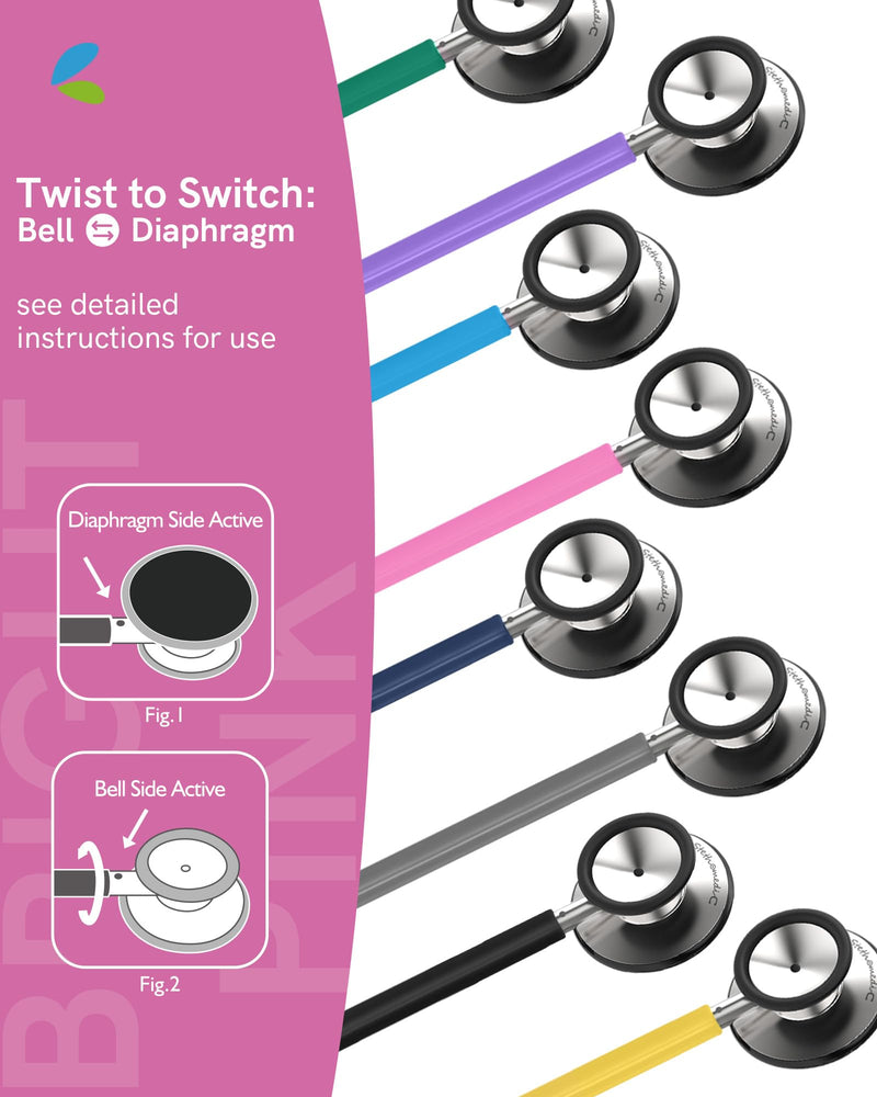 FriCARE Dual Head Stethoscope - Stethoscopes for Nurses, Medical Nursing Students, Paramedics/EMT/LVN/VNA Backup Estetoscopio, Smooth Hot Pink Tube, Stainless Steel Chestpiece