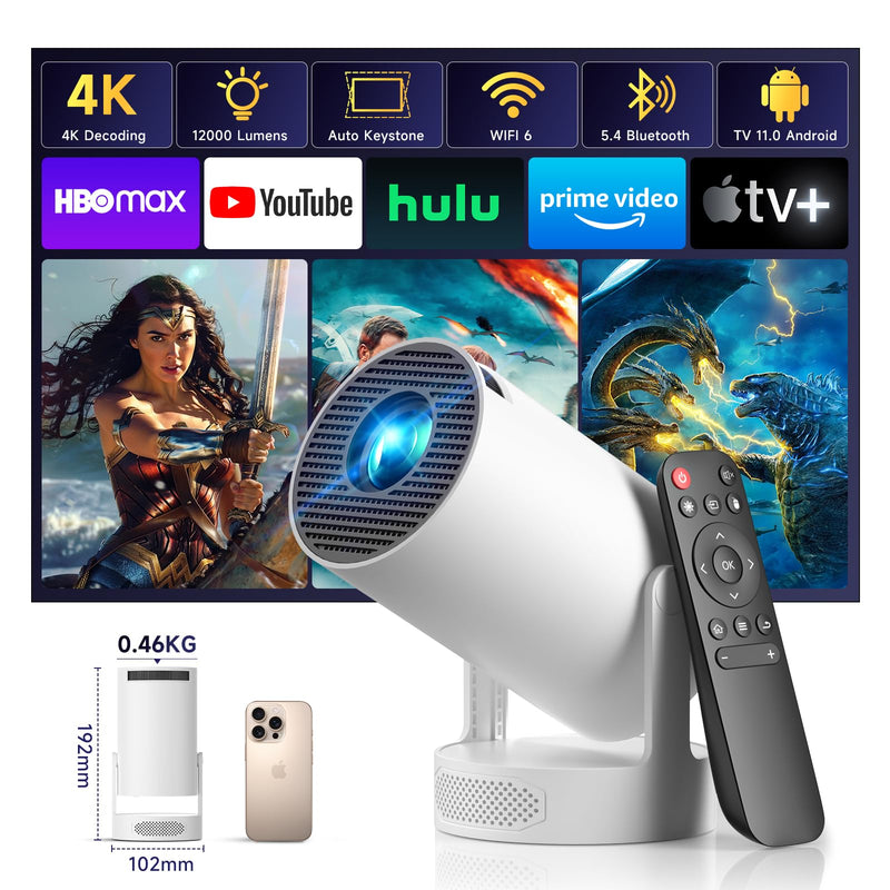 SGV Smart Mini Projector for Bedroom, 4K Support, Portable Outdoor Projector with Android 12, WiFi and Bluetooth 5.2, Auto Keystone, for Home Theater Outdoor Movie