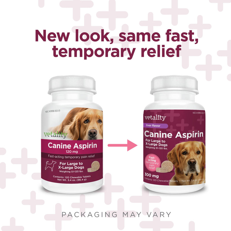 Vetality Canine Aspirin for Dogs | Fast Pain Relief | Large to X-Large Dogs | Liver Flavor | 120 Chewable Tablets No Color
