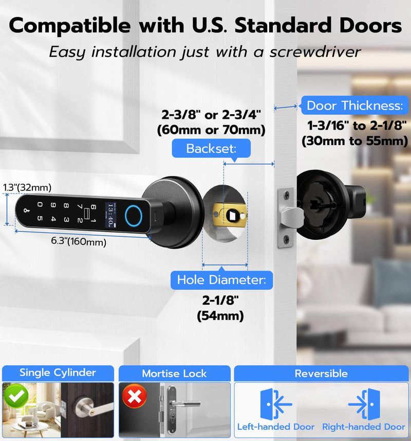 Anweller H1 Fingerprint Door Handle Lock, Smart Keyless Entry Door Knob Lock, Door Lever Locks for Bedroom, Bluetooth App Control Doorknob, Display Screen, RFID Card, Code Keypad - Black