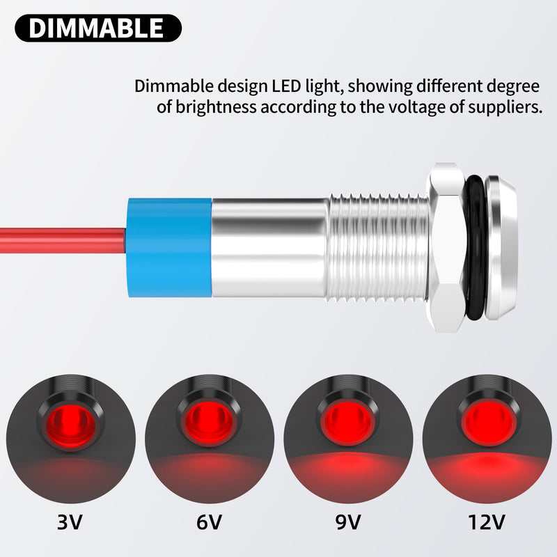 DaierTek LED Indicator Light 12V Red LED 6MM Metal Waterproof 12 Volt Indicator Light 1/4" Flat Head Pilot Light Panel Mount with Wire for Automotive Car -10Pcs 10pcs