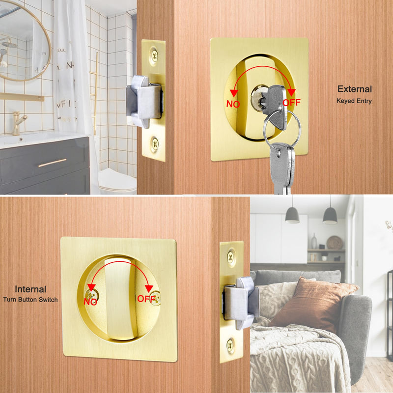 Dontay Keyed Pocket Door Lock,Flush Mount Recessed Knob,2-3/8 inch Backset,Square Bed Bath Hardware Fit Sliding Barn Interior Door Thickness 1-3/8 to 2-3/16 inch(Satin Brass,1) Satin Brass