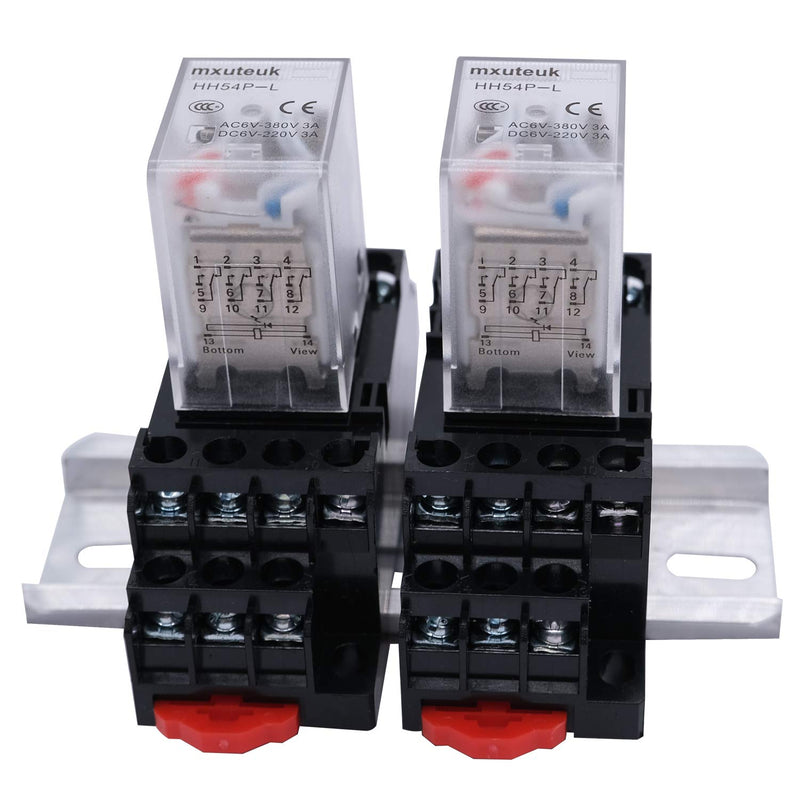 mxuteuk 2pcs HH54P DC 24V Coil 14 Pin 3A 4PDT LED Indicator Electromagnetic Power Relay, with Base, with DIN Rail Slotted Aluminum